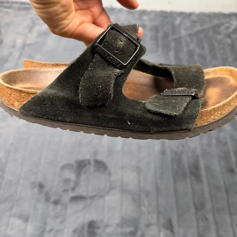 Birkenstock Arizona Sandals 41 Black Suede Double Strap Cork Slides